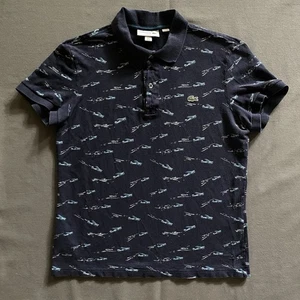 Lacoste Polo Shirt Womens Size 3 Small Blue Navy Short Sleeve Planes Aviation - Picture 1 of 10