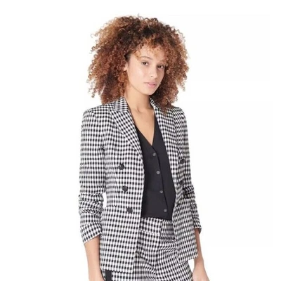 Veronica Beard Caldwell Dickey Blazer Black White Gingham Ruched Sleeves Size 2 - Image 1 of 4
