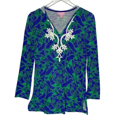 Lilly Pulitzer Noelle Tunic Hoodie S Loopy Elephants Print Blue Green Cover Up - Image 1 of 4