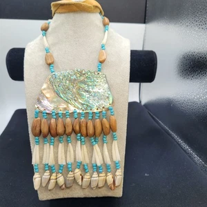 Abalone  Plate Necklace With shells On Leather 26" - Picture 1 of 8