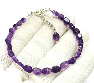 多面紫水晶宝石手链:极简主义椭圆形珠,纯银扣 — 第 1/4 张图片