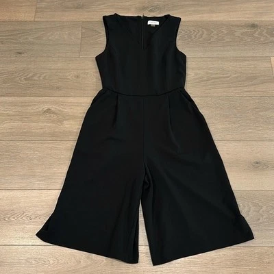 CALVIN KLEIN Black Sleeveless Wide Leg Business Casual V Neck Romper Shorts Sz 8 - Image 1 of 4