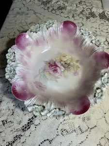 Antique RS Prussia Porcelain 11” Bowl with Roses , Icicle Border - Picture 1 of 18