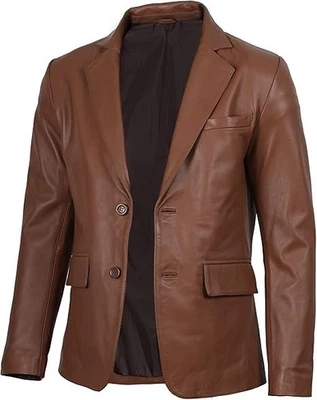 Leather Blazer for Men - Brown Real Lambskin Casual Men's Leather Jacket Coat - Image 1 of 4