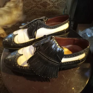 Scarpe da golf Dupont Corfam taglia 10 B vintage a punta nero bianco - Foto 1 di 9