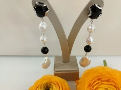 Orecchini Donna bronzo Argento 925 Pietre naturali Onice faccettato Perle - Immagine 1 di 4