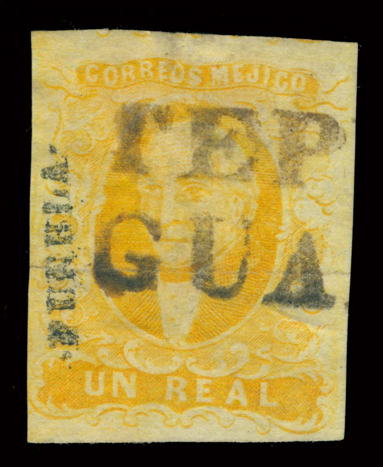 MEXICO 1856 HIDALGO 1r yellow - PUEBLA - disct ovpt. Sc# 2 used VF  TEPEYA cxl - Image 1 of 2