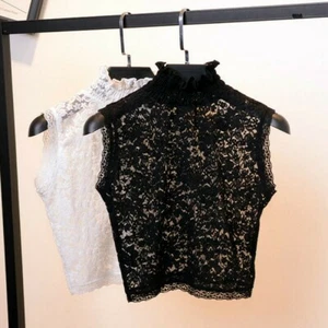 T-shirt donna pizzo fiori senza pancia top stretch volant collo in piedi camicette - Foto 1 di 9
