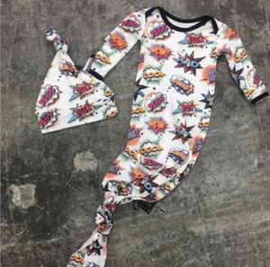 Peregrine Kidswear Comic Newborn Bamboo Pajamas With Tie Knot Bottom - Picture 1 of 2