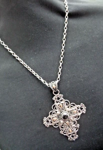 Grande Vintage Stg. Cruz de Plata Colgante & Cadena - 18ct Oro & Onix Suarti - Imagen 1 de 6