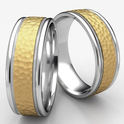 14K Two Tone Gold Men's Hammered Milgrain Ring 8mm Carved Women's Wedding Band - Image 1 of 4