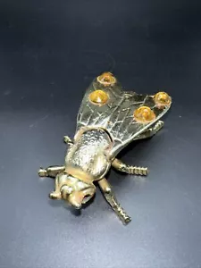Vintage Brass Colored Fly Ashtray Or Trinket Box Super Detailed W/Faux Gems 4in - Picture 1 of 5