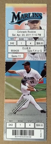 Miami Florida Marlins Ticket Stub 04-23-11 vs Rockies Gaby Sanchez - Fast Ship Cover