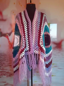 Shawl ruana granny square cloak afghan shoulder wrap patchwork poncho cape - Picture 1 of 6