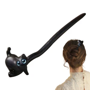 Ebony Hair Stick Black Wooden Cat Shape Hair Stick Hair Pin Chinese Hair Fork - Picture 1 of 10