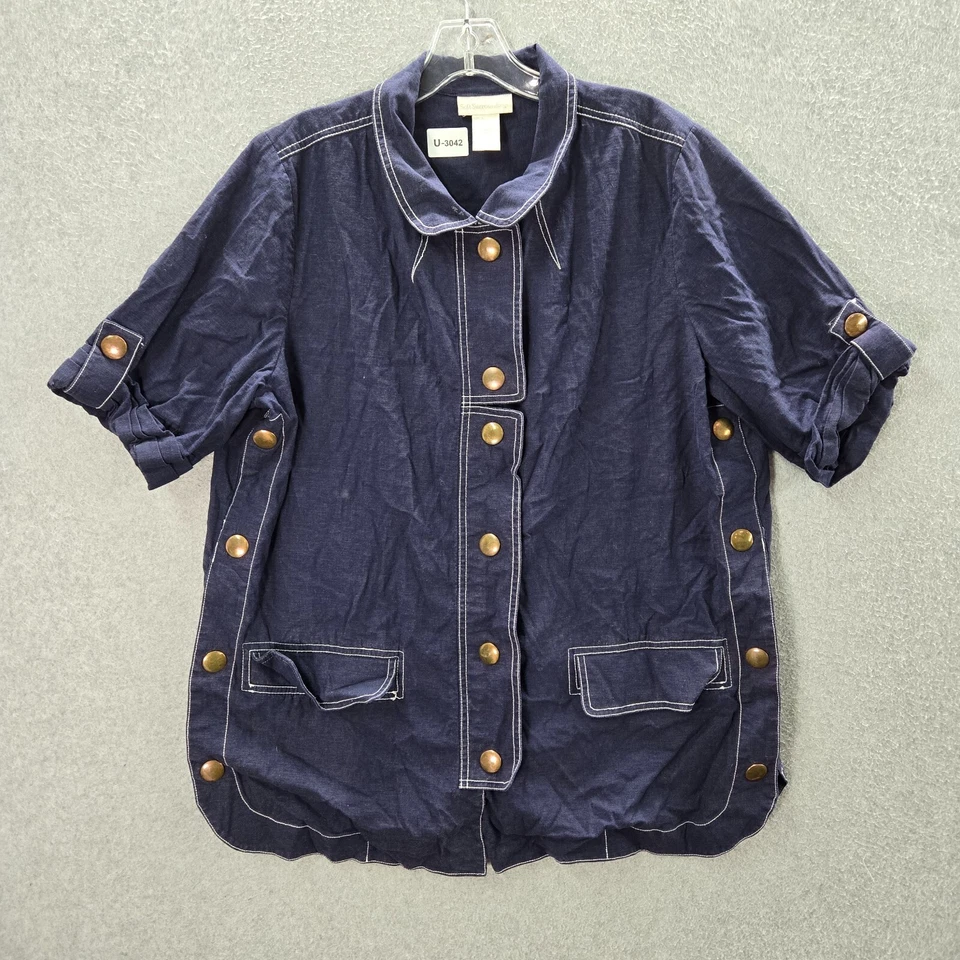 Soft Surroundings Women Top Large Blue Button Front Linen Blend Short Sleeve - Изображение 1 из 4