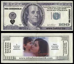 🔴100 Dollars 2003 XF Turkish flyer in the form of US dollars TURKEY * USA - Picture 1 of 1