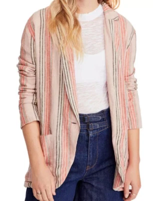 NWT $148 Free People Linen Strawberry Sorbet Pink Orange Stripe Blazer Size M - Image 1 of 4