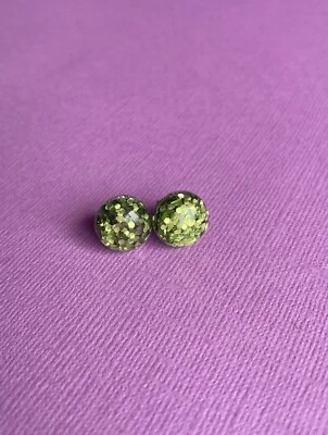 Green Glitter Resin Dome Stud Earrings, Surgical Stainless Steel, 12mm - image 1 of 3
