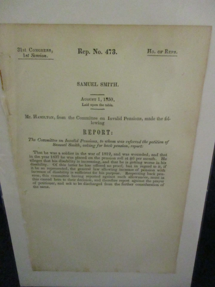 Government Report 1850 Samuel Smith War of 1812 Wounded U.S. Soldier Pension - Image 1 of 1