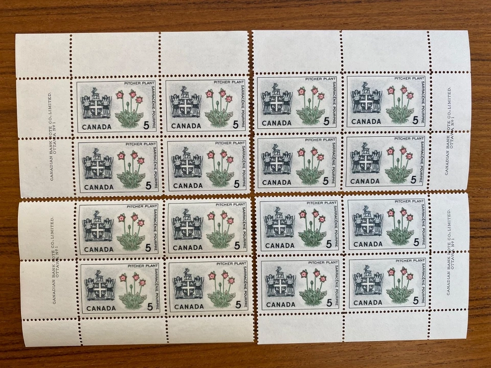 Canada Stamp Blocks - 1966 5c EMBLEMS(NFLD) Inscription Block SET of 4(UT 427) — 第 1/1 张图片