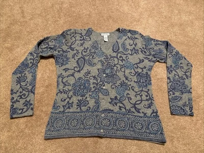 Винтажный Deane & белый ягненка шерсти Angora кнопка кардиган свитер серый синий пейсли - Изображение 1 из 4