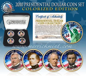 2010 USA MINT COLORIZED PRESIDENTIAL $1 DOLLAR 4 Coin Set Gift Box Certified - Picture 1 of 1