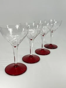 Set Of 4 Morgantown Glass Co Fire and Ice #6060 Red Footed Cocktail 4 oz / 1940s - Picture 1 of 24