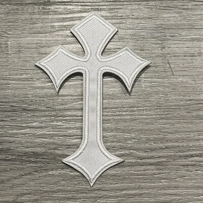 White Cross New Embroidered Iron On Patch 4x2.75 Inch - Image 1 of 4