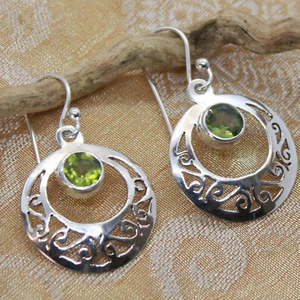 Peridoto Orecchini Argento 925 Pendenti 35mm Verde Chiaro Cutstone 5mm Filigrana - Foto 1 di 4