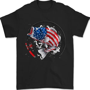 USA Fischen Flagge American Fischer Herren 100% Baumwolle - Picture 1 of 14