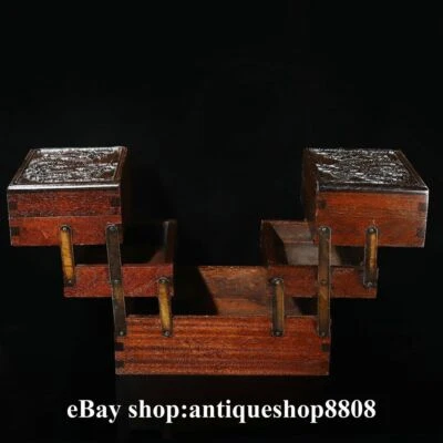 Caixa de joias caixão gaveta besta longa dragão fengshui esculpido em madeira Huali antiga 11" - Imagem 1 de 4