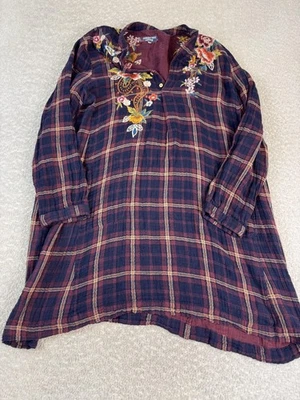 Camisa Johnny Was Workshop Feminina Grande Xadrez Bordado Boho Floral Vestido Túnica - Imagem 1 de 4