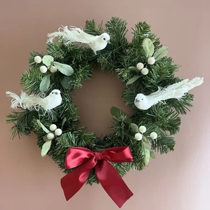White Dove Christmas Wreath 15" Front Door Decor Feather Bird Mistletoe Red Bow - Picture 1 of 8