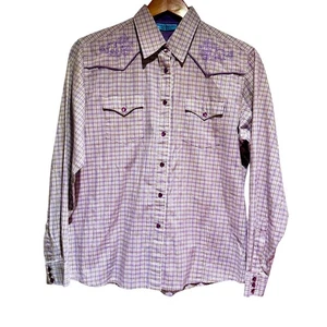 Vintage Wrangler Blues Women Embroidered Pearl Snap Shirt M Purple Plaid Lurex - Picture 1 of 9