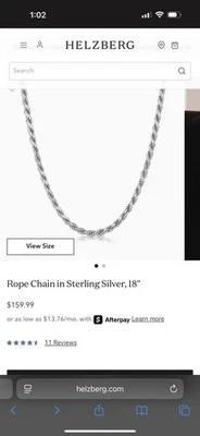 COLLAR HELZBERG CADENA CUERDA PLATA ESTERLINA 18 PULGADAS PARA Foto 1 de 2