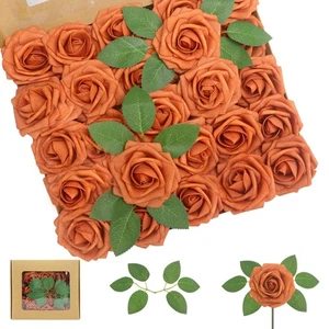 100PCS Artificial Flowers Burnt Orange Roses Real Looking Foam Fake Roses wit... - Picture 1 of 10