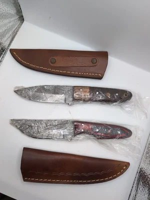 Damascus Hunting Knife (2) 8" Freshly Oiled With Leather Sheath - Image 1 of 3