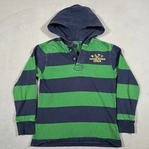 Polo Ralph Lauren Hooded Henley Shirt Kids M Navy Blue Green Rugby Striped - Picture 1 of 6