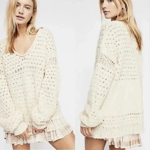 FREE PEOPLE | Crashing Waves Cream Wool Blend Chunky Knit Sweater | Small - Picture 1 of 10