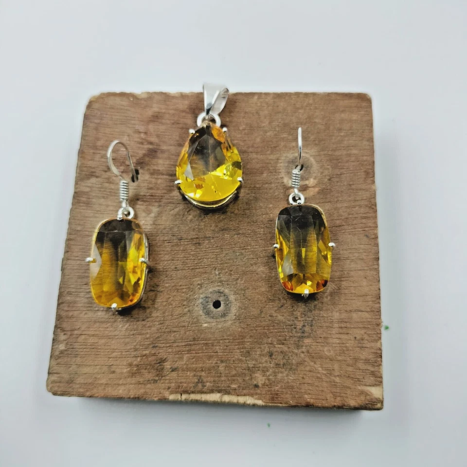 Citrine Quartz Gemstone Silver Plated Earrings Pendent Jewelry Set 1.25" - Image 1 of 1