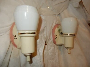 Deco Floral Bathroom Porcelain Sconces w/ Original Milk Glass Shades - Picture 1 of 5