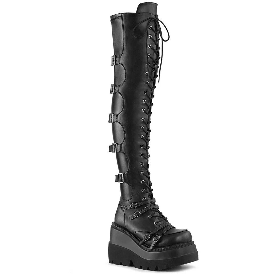 Bota DEMONIA SHAKER-350 para mujer 4" plataforma de cuña con cordones sobre la rodilla cremallera lateral Foto 1 de 4