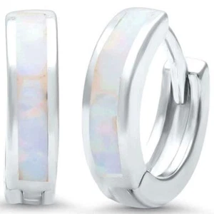 White Opal .925 Sterling Silver Hoop Huggie Earrings - Picture 1 of 2