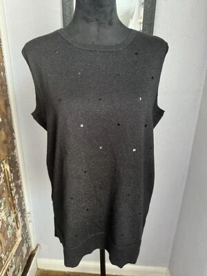 Women’s Black Sequin Sparkle Sweater Vest Sleeveless Top Ramie Cotton Sz Large - Image 1 of 4