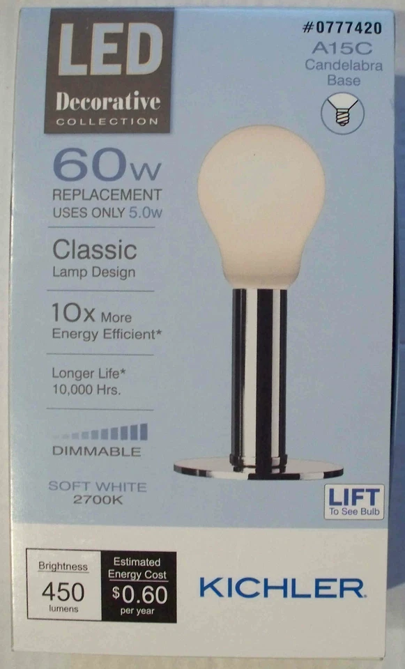 Kichler LED 60W/5W A15C Candelabra Base-Soft White 2700K-Dimmable-513746-Save 2+ - Image 1 of 1