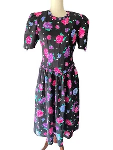 VTG 80s Tea Garden Floral Dress Black Pink Bright Cottagecore Kawai Twee Medium - Picture 1 of 8