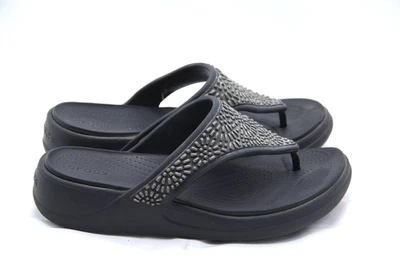 Crocs Monterey Diamante Sandals Womens Size 9 Black Stone Slip On Thong Wedge - Image 1 of 4
