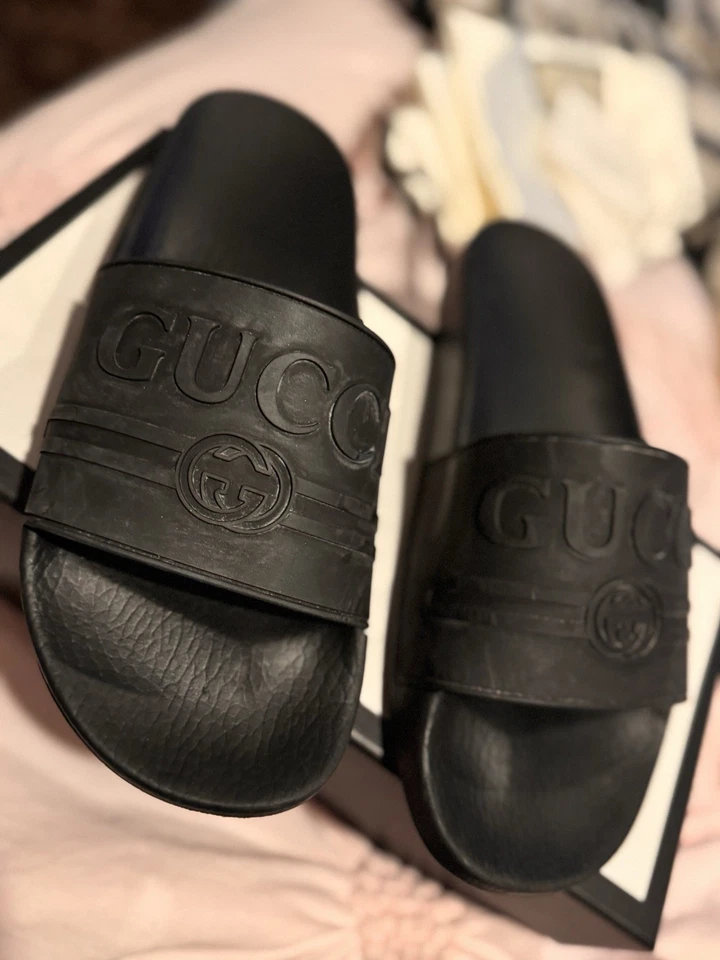 Gucci Embossed Black Logo Slides w/ Original Box Dust bags & Original Paperwork - Image 1 of 4
