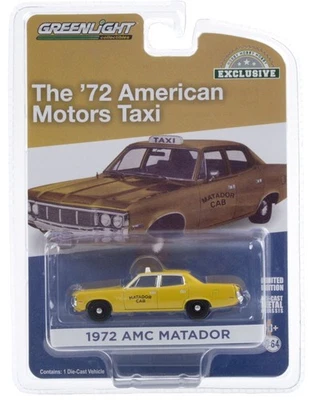 GREENLIGHT, Taxi giallo AMC Matador Cab 1972 venduto in blister, 1/64,  GREEN... - Immagine 1 di 2